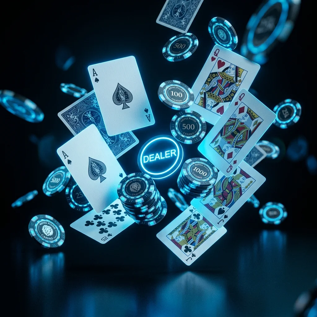 Chips de cassino tridimensionais iluminados em neon azul
